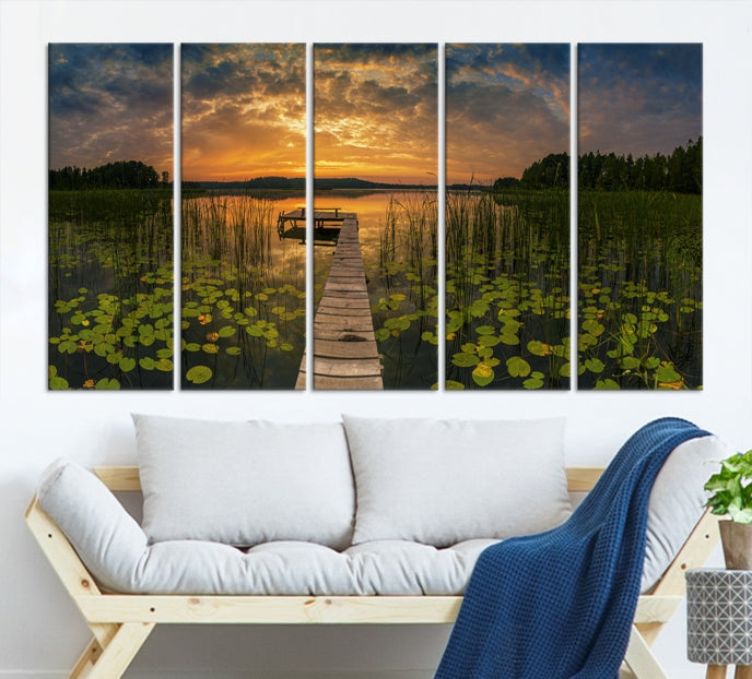 Flowers and Sunset at Lake Wall Art Natural Landscape Canvas Print