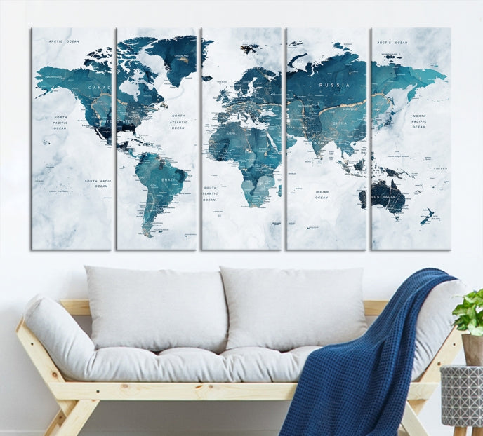 Blue World Map Extra Large Wall Art Canvas Print