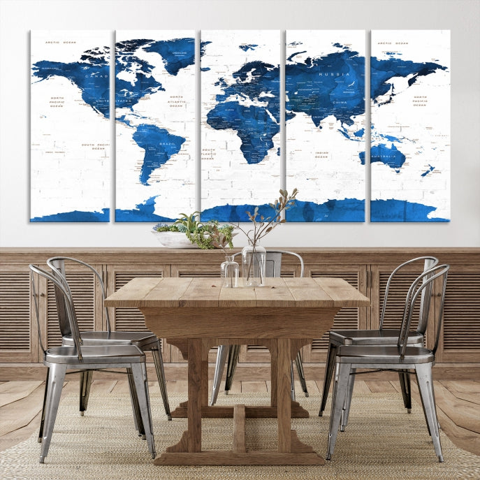 Blue Extra Large Framed Push Pin World Map Wall Art Canvas Print