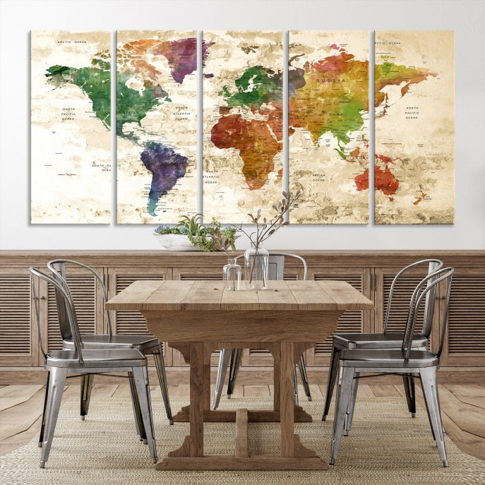 Push Pin World Map Canvas Print with Brownish Background Extra Large Framed Map Poster