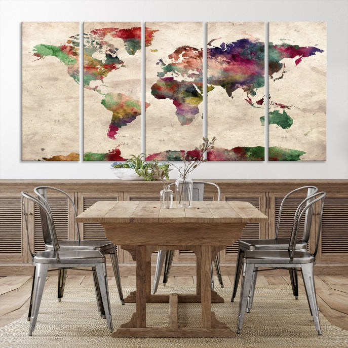 Colorful Watercolor World Map Framed Canvas Wall Art Giclee Print