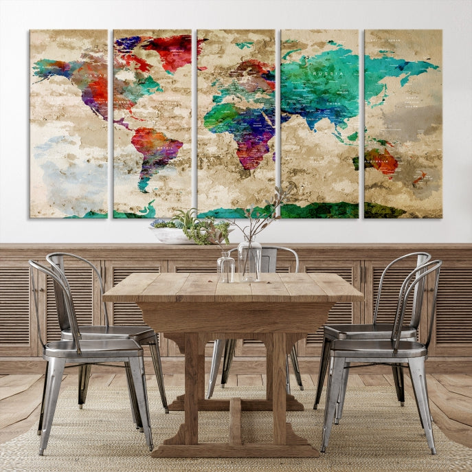 Multi Panel World Map with Push Pins Detailed Map Canvas Wall Art Print