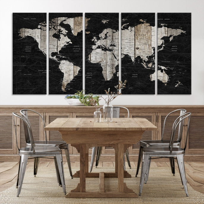 Black Push Pin World Map Detailed Framed Wall Art Canvas Print