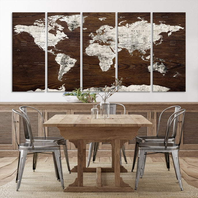 White Coloured World Map on Brown Background Large Canvas Print Wall Art