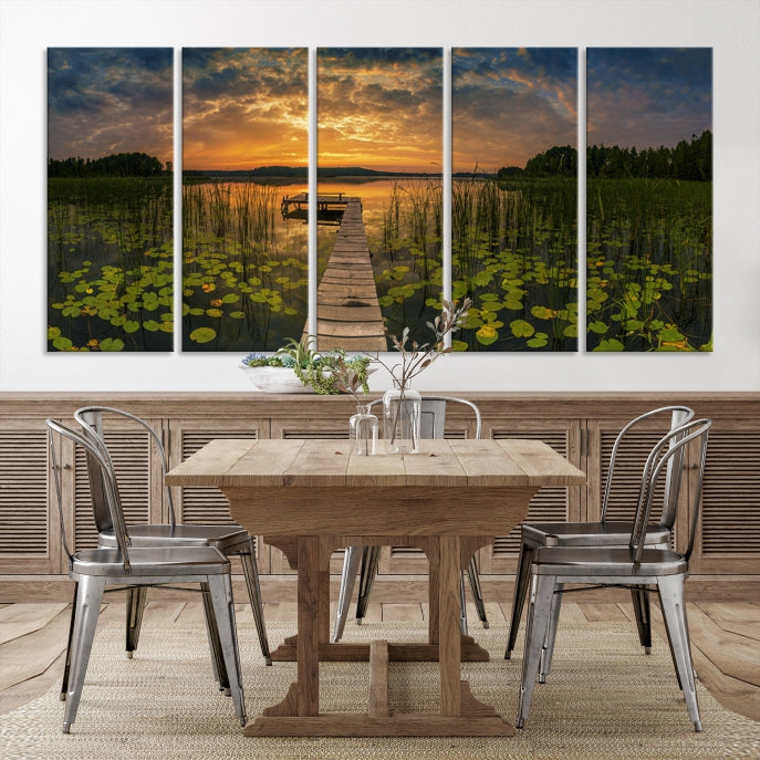 Flowers and Sunset at Lake Wall Art Natural Landscape Canvas Print