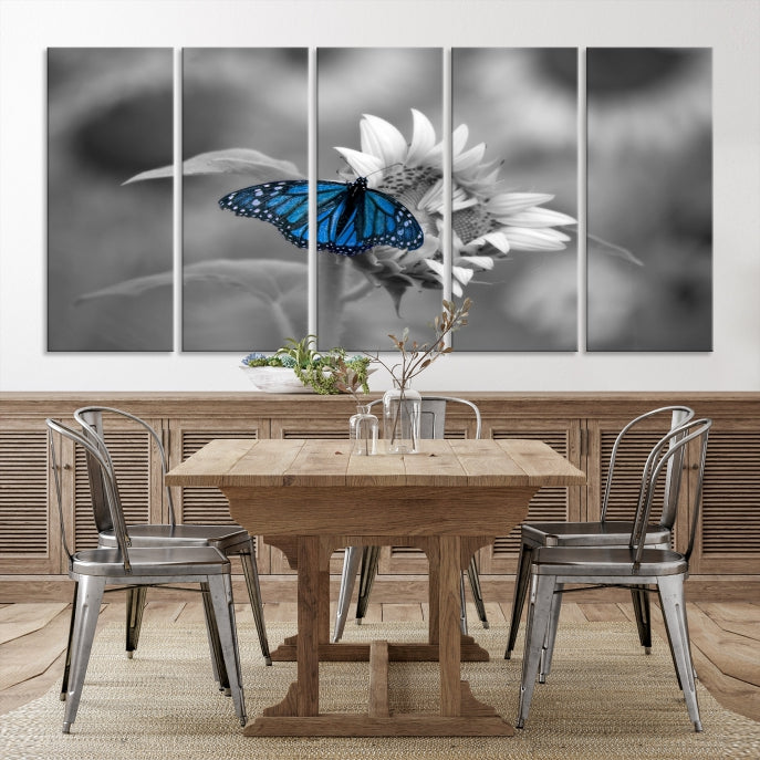 Pretty Blue Butterfly Black and White Canvas Wall Art Print Framed Ready to Hang