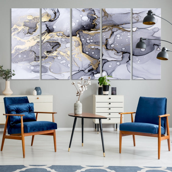 Gray Gold Abstract Painting on Giclee Canvas Wall Art Print Framed