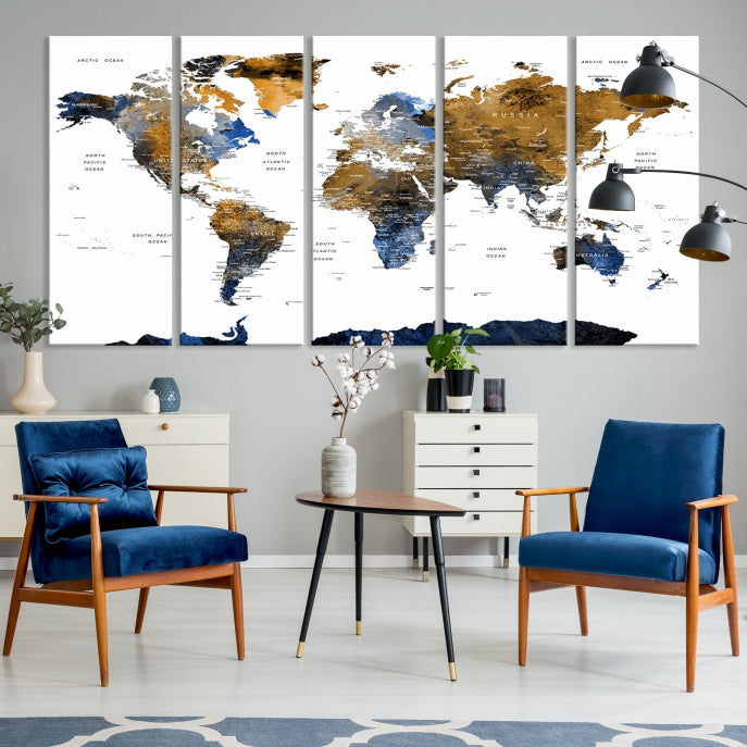 Push Pin Watercolor World Map Framed Canvas Wall Art Print