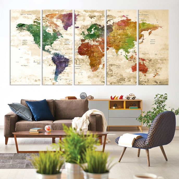 Push Pin World Map Canvas Print with Brownish Background Extra Large Framed Map Poster