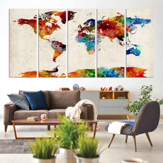 Large Wall Art World Map Watercolor Canvas Print