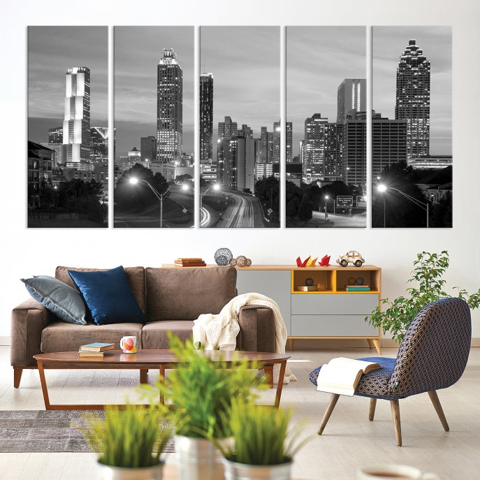 Atlanta City Cloudy Skyline Black and White Cityscape Canvas Print