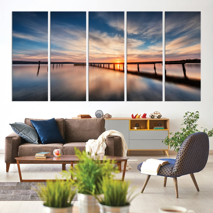 Wooden Pier at Sunset Seascape Wall Art Canvas Print for Home Office Decor