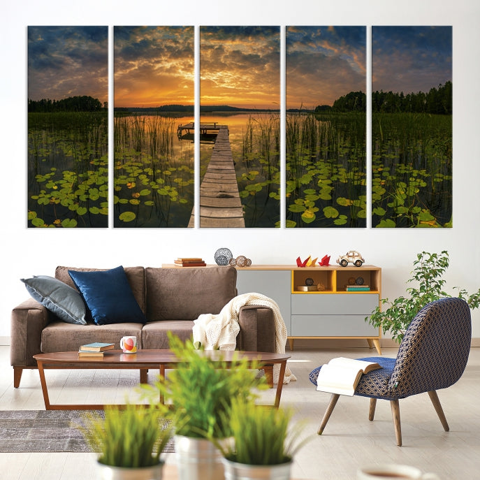 Flowers and Sunset at Lake Wall Art Natural Landscape Canvas Print