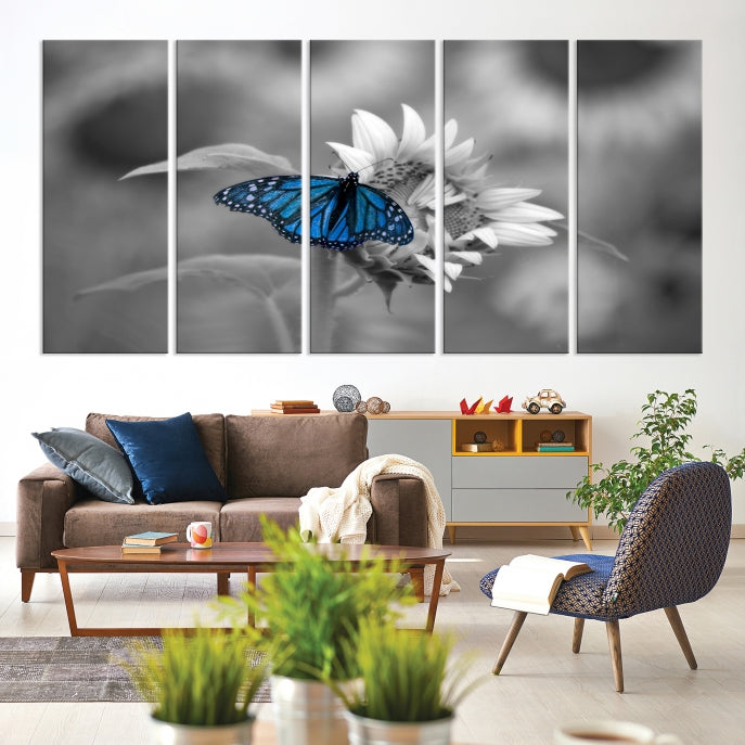 Pretty Blue Butterfly Black and White Canvas Wall Art Print Framed Ready to Hang