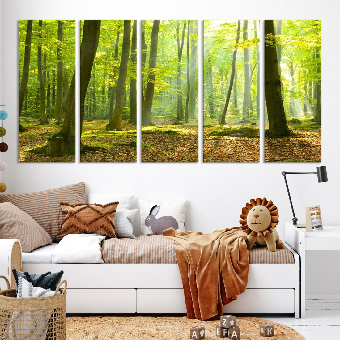 Sunshine in Green Forest Large Tree Wall Art Landscape Canvas Print