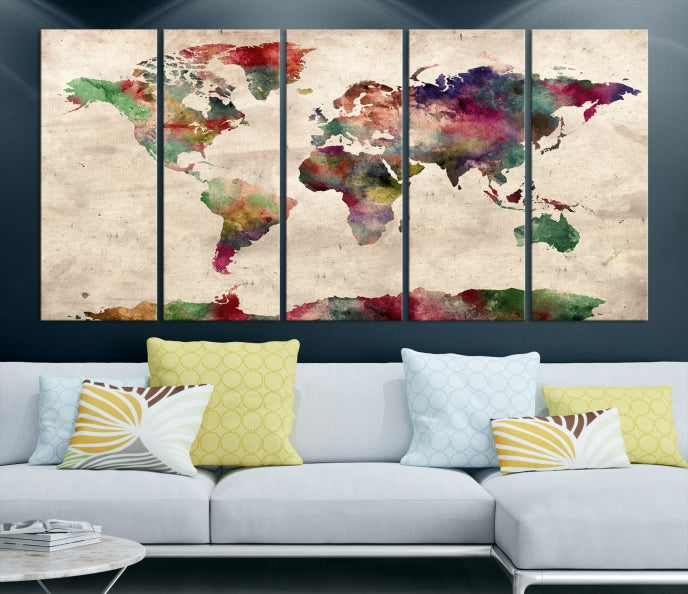 Colorful Watercolor World Map Framed Canvas Wall Art Giclee Print