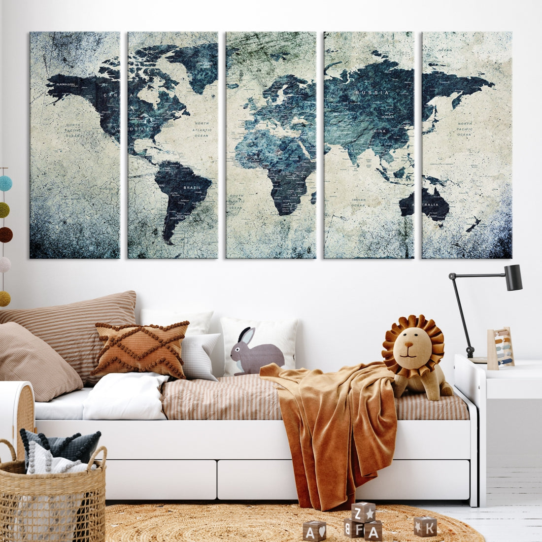 Extra Large World Map Wall Art Watercolor Painting on Canvas Print Grunge Vintage Decor