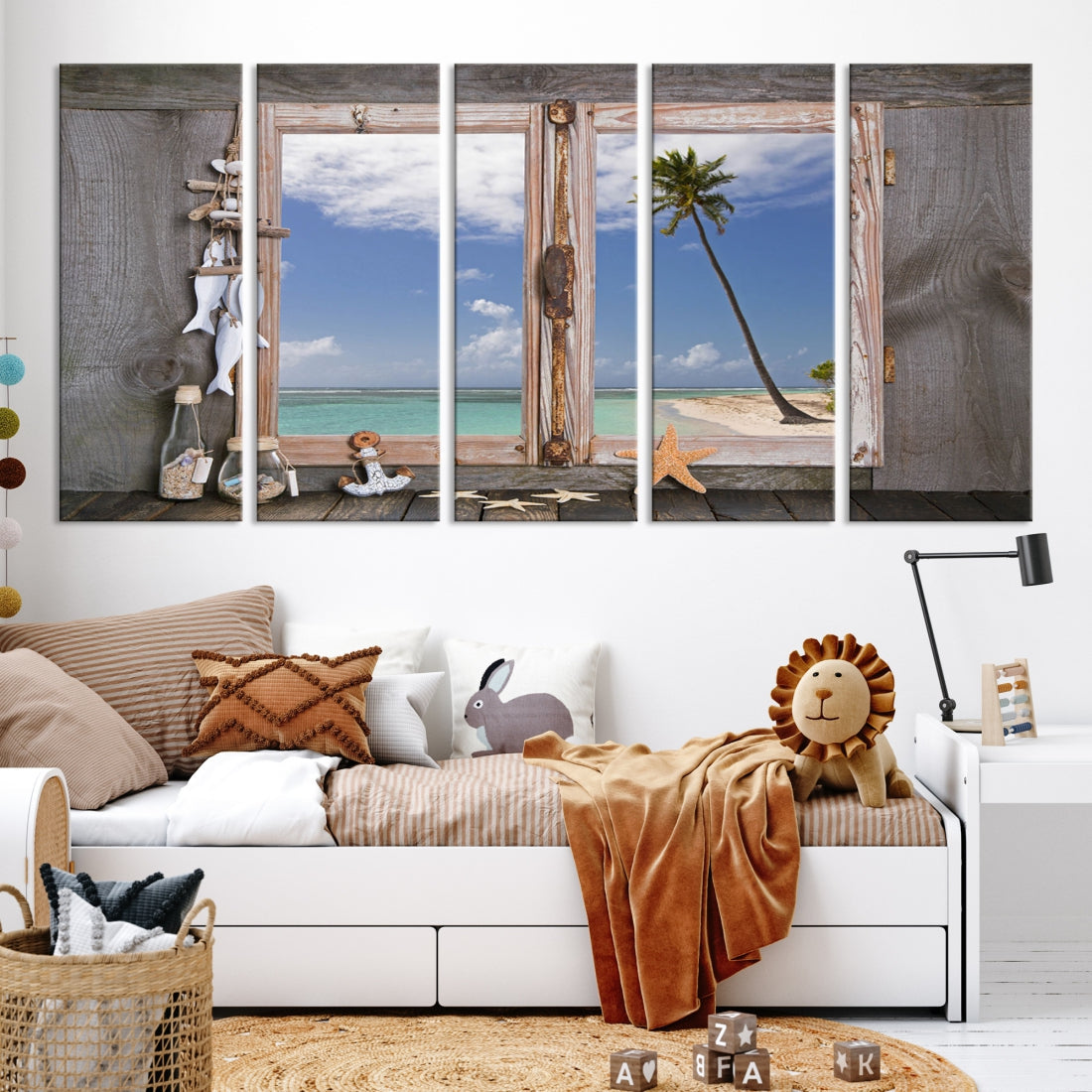 Large Window Wall Art Relaxing Beach Photo Canvas Art Print Starfish Seashells Nautical Art Framed Ocean Artwork