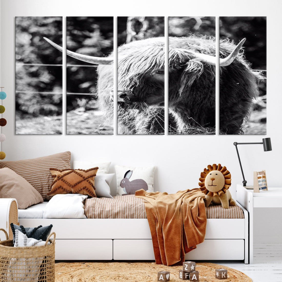 Black and White Highland Cow Canvas Wall Art Print Nature Photograph Canvas Art Large Cow Print Panel Canvas Set