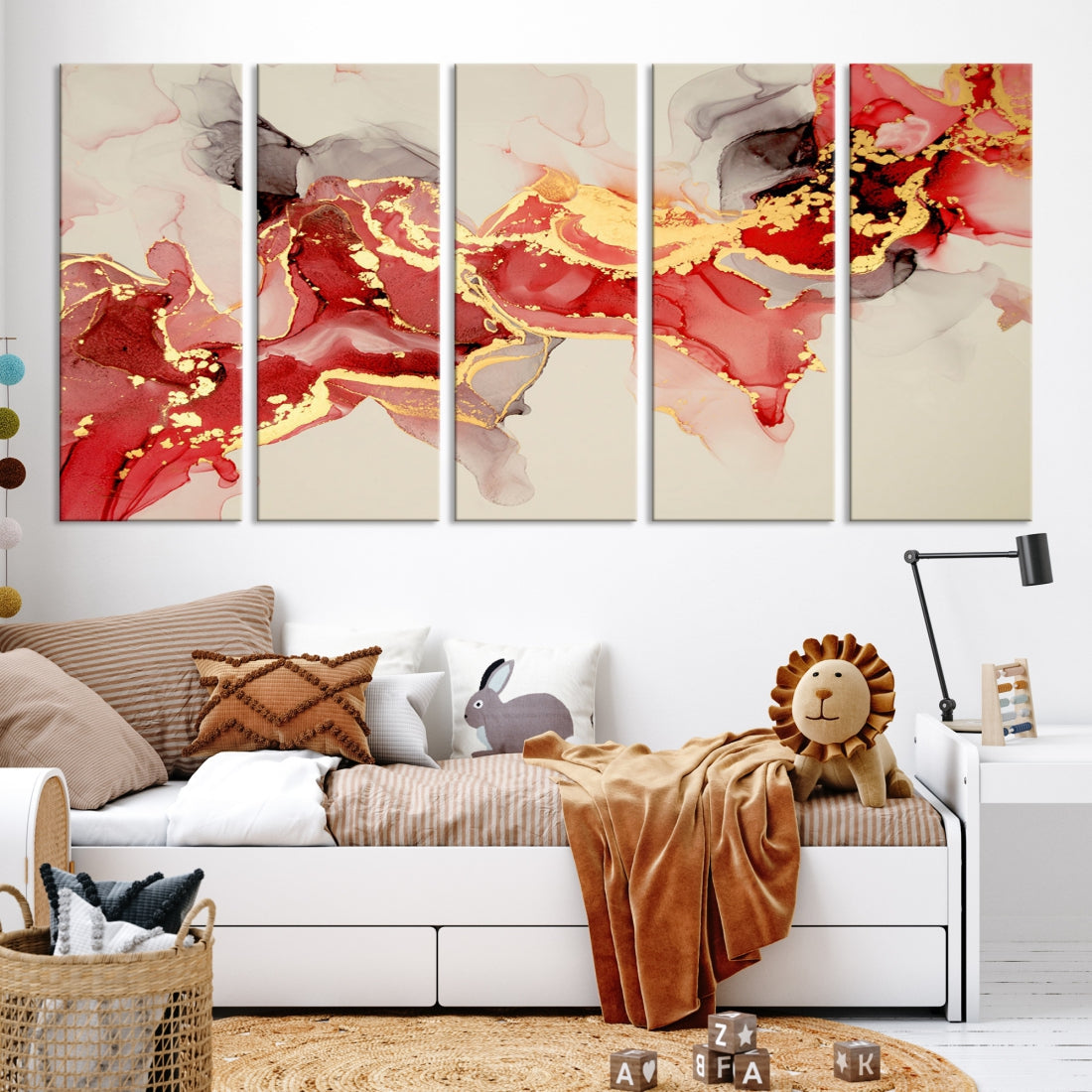 Contemporary Red Gold Abstract Painting on Canvas Print Framed Wall Decor