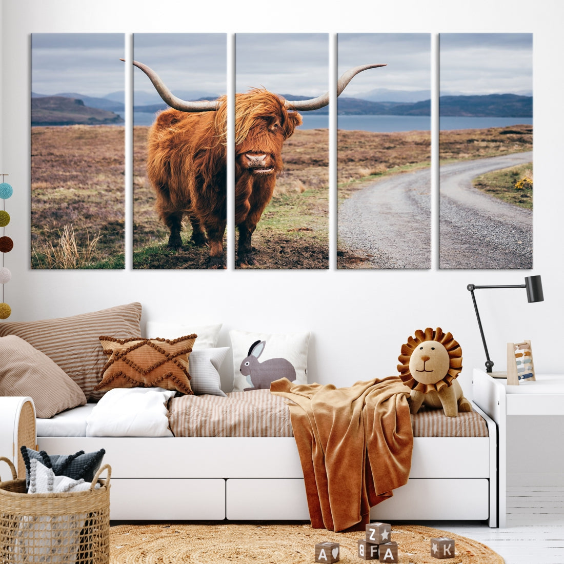 Highland Cow with Big Horn Canvas Wall Art Animal Photo Print Wall Decor