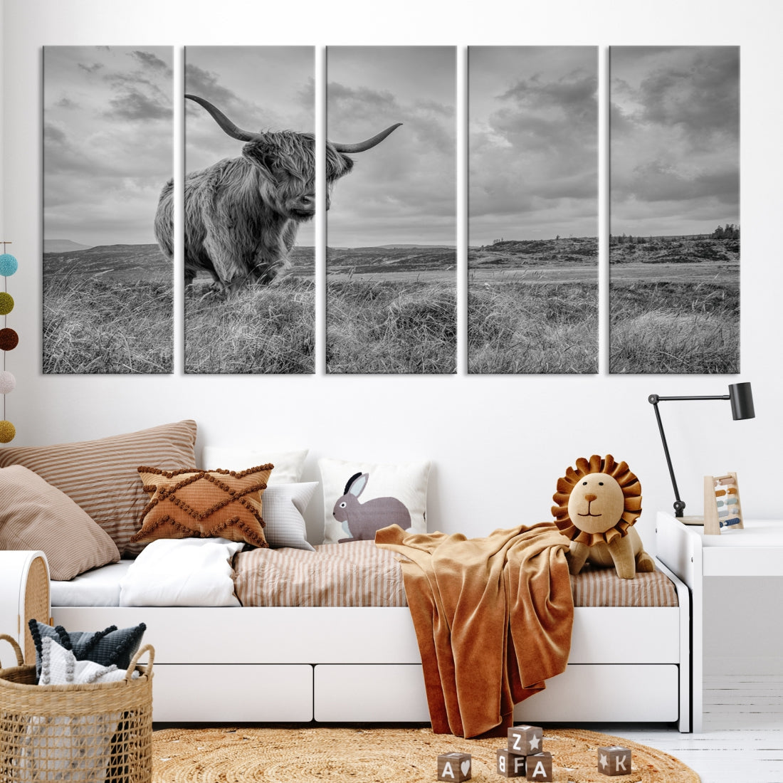 Grayscale Highland Cow Canvas Art Print Extra Large Animal Picture Print on Canvas