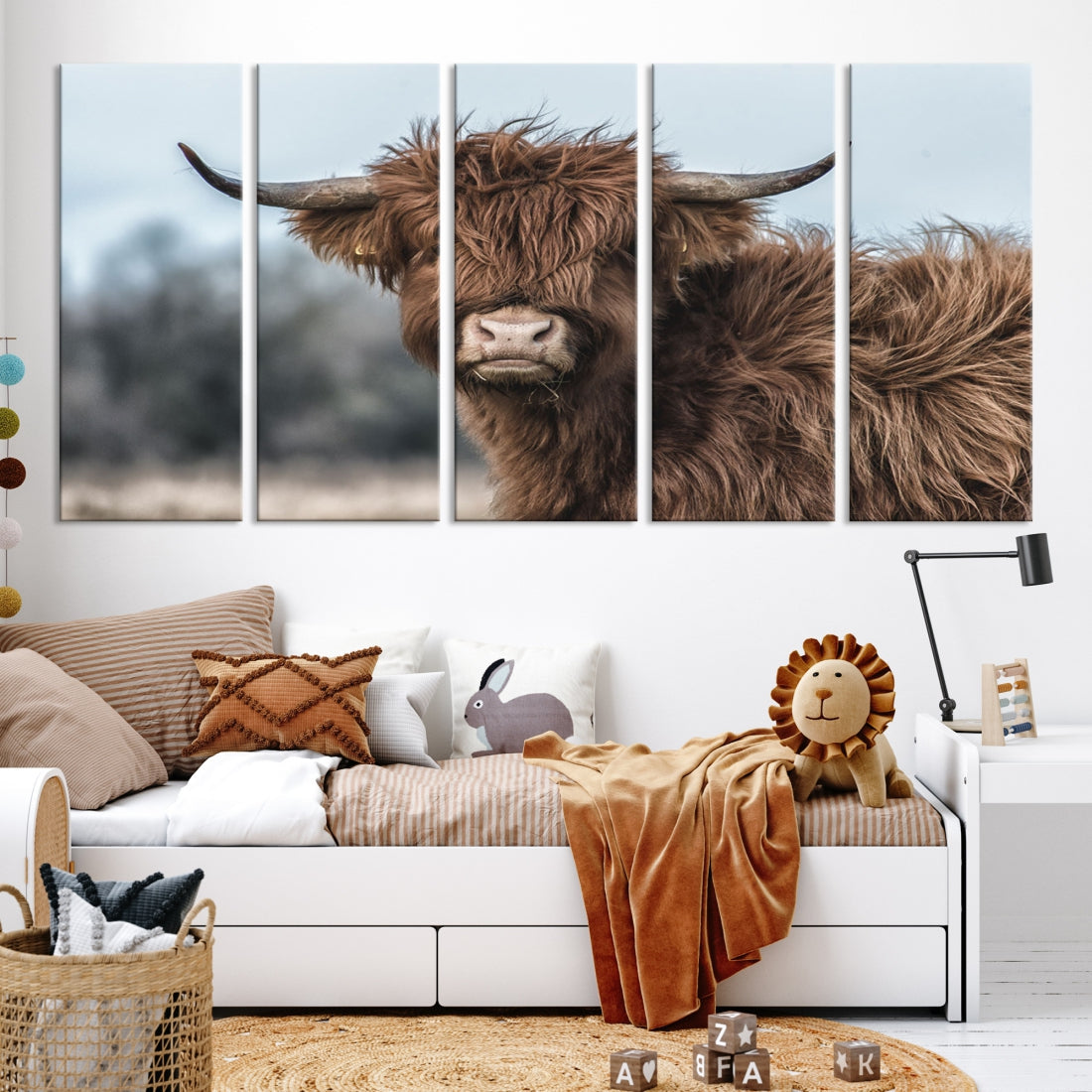 Fluffy Highland Cow Photograph Large Wall Art Canvas Print Cute Animals Picture Wall Decor Artwork for Living Room Farmhouse Printable Art Housewarming Gift Modern Home Art Decor