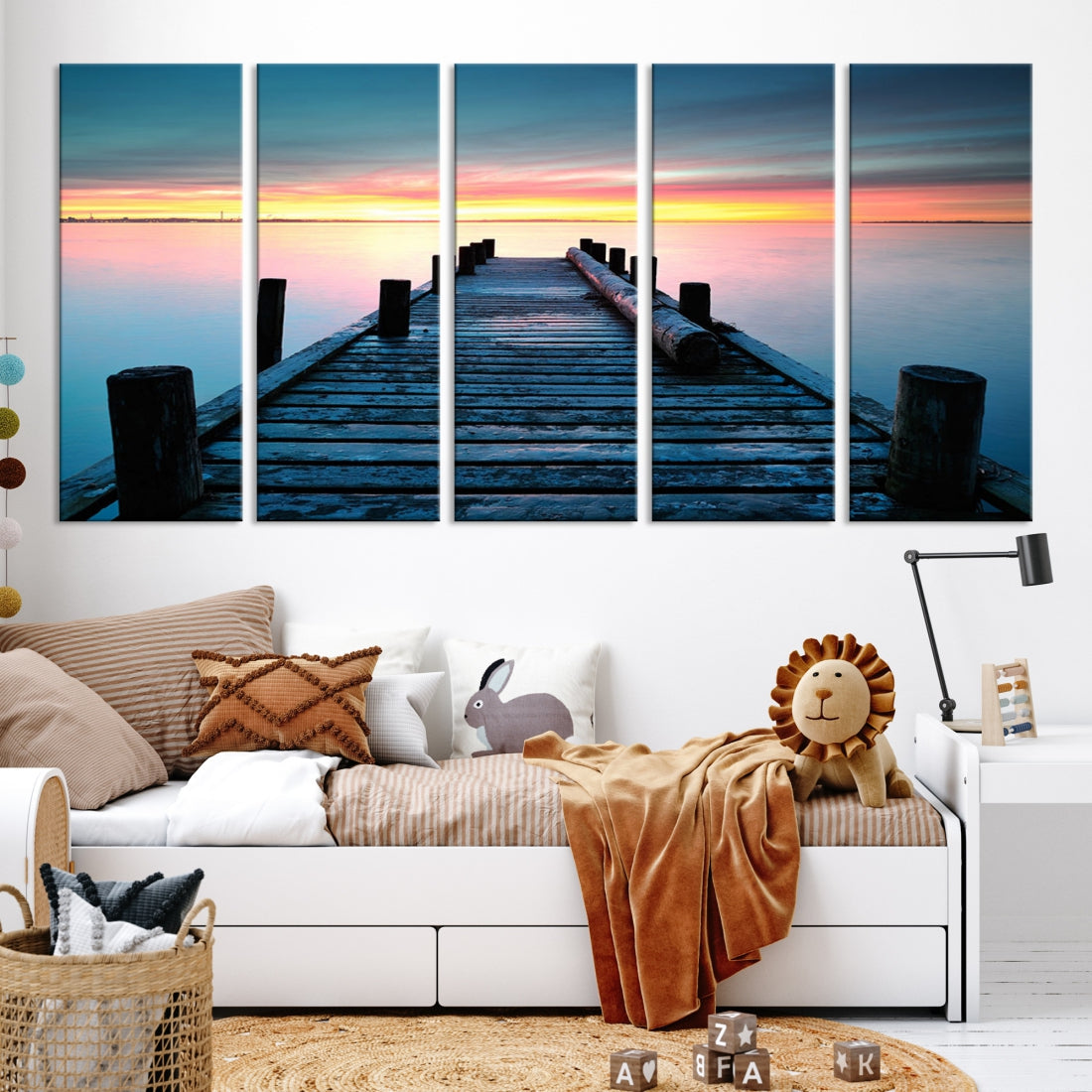 Fantastic Sunset over the Horizon Old Pier Seascape Ocean Wall Art Canvas Print