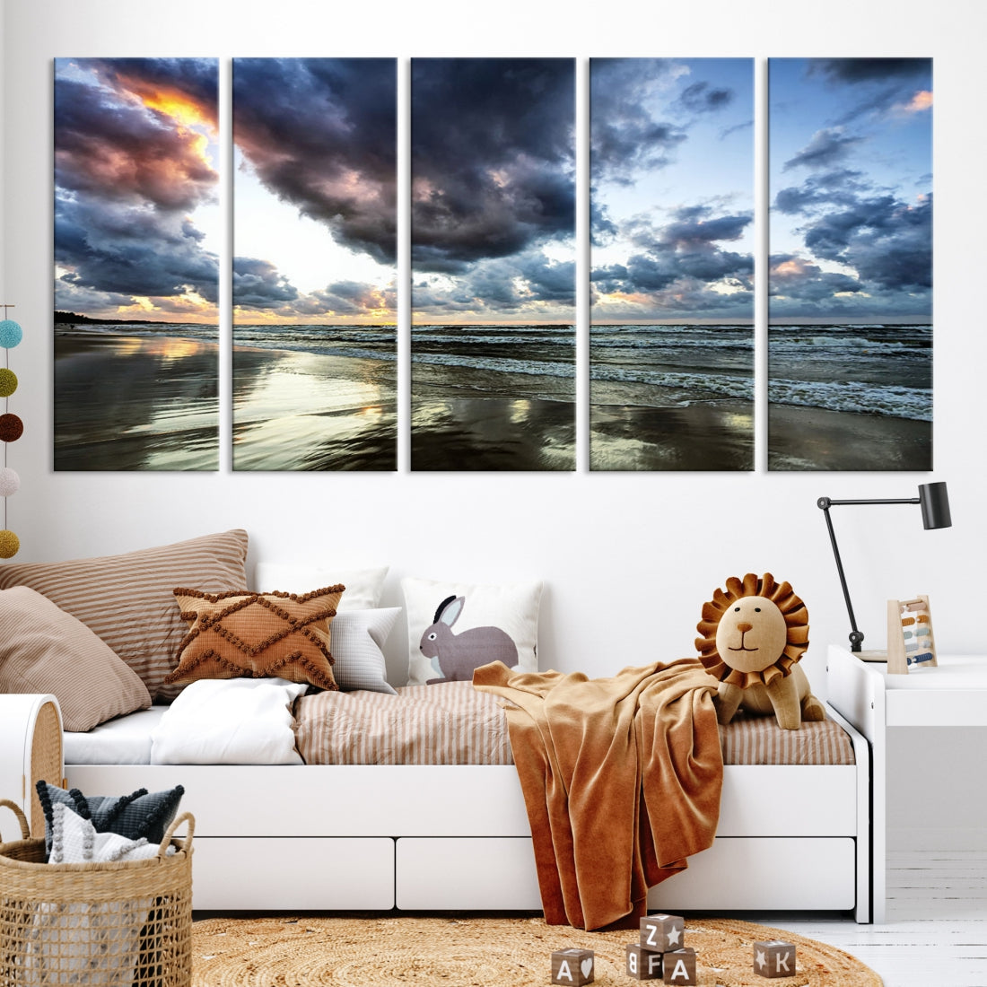 Cloudy Sky Calm Ocean Beach Nature Large Framed Canvas Art Print