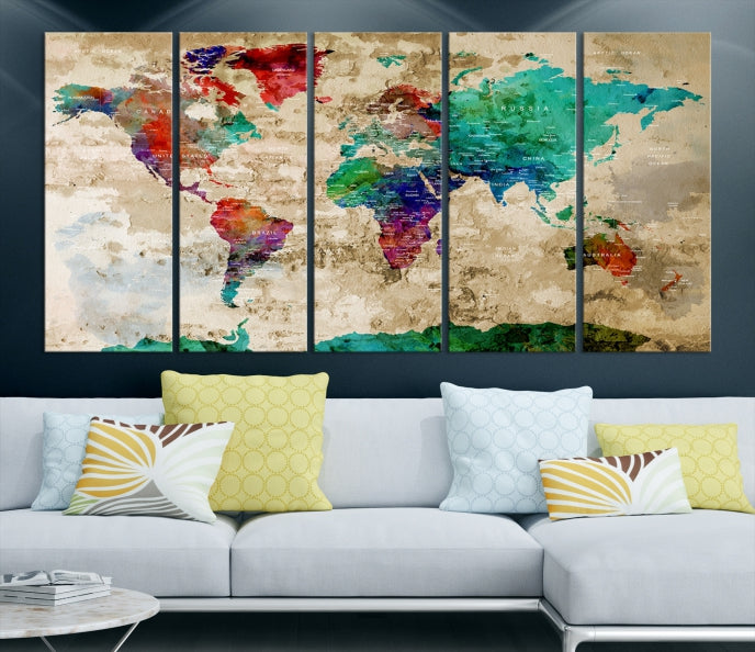 Multi Panel World Map with Push Pins Detailed Map Canvas Wall Art Print