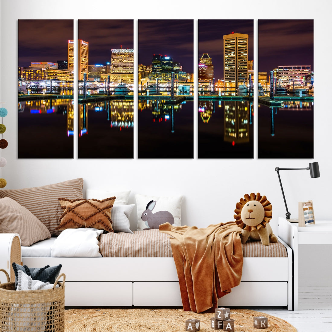 Baltimore City Night Skyline Purple Cityscape Large Wall Art Canvas Print