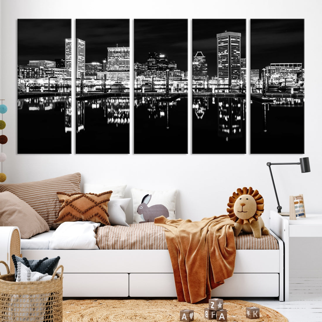 Black and White Baltimore Downtown Night Skyline Wall Art Cityscape Canvas Print