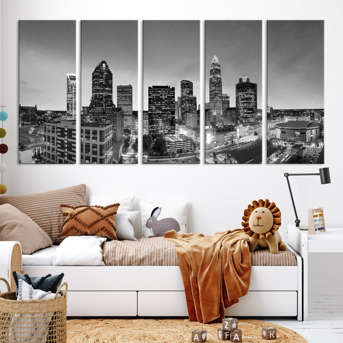 Aerial Charlotte City Skyline Wall Art Black and White Cityscape Canvas Print