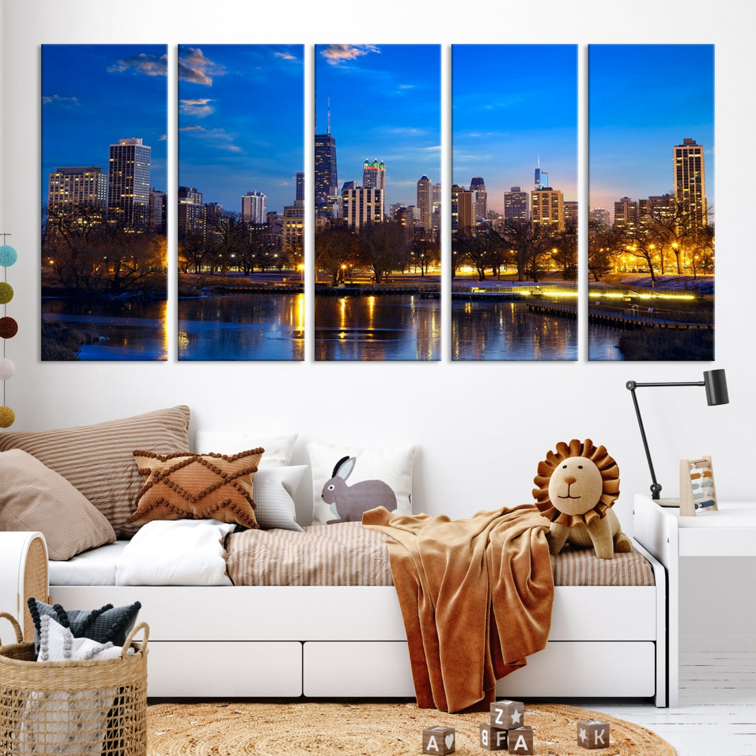 Large Chicago Skyline Wall Art Night Cityscape Canvas Print Home Decor