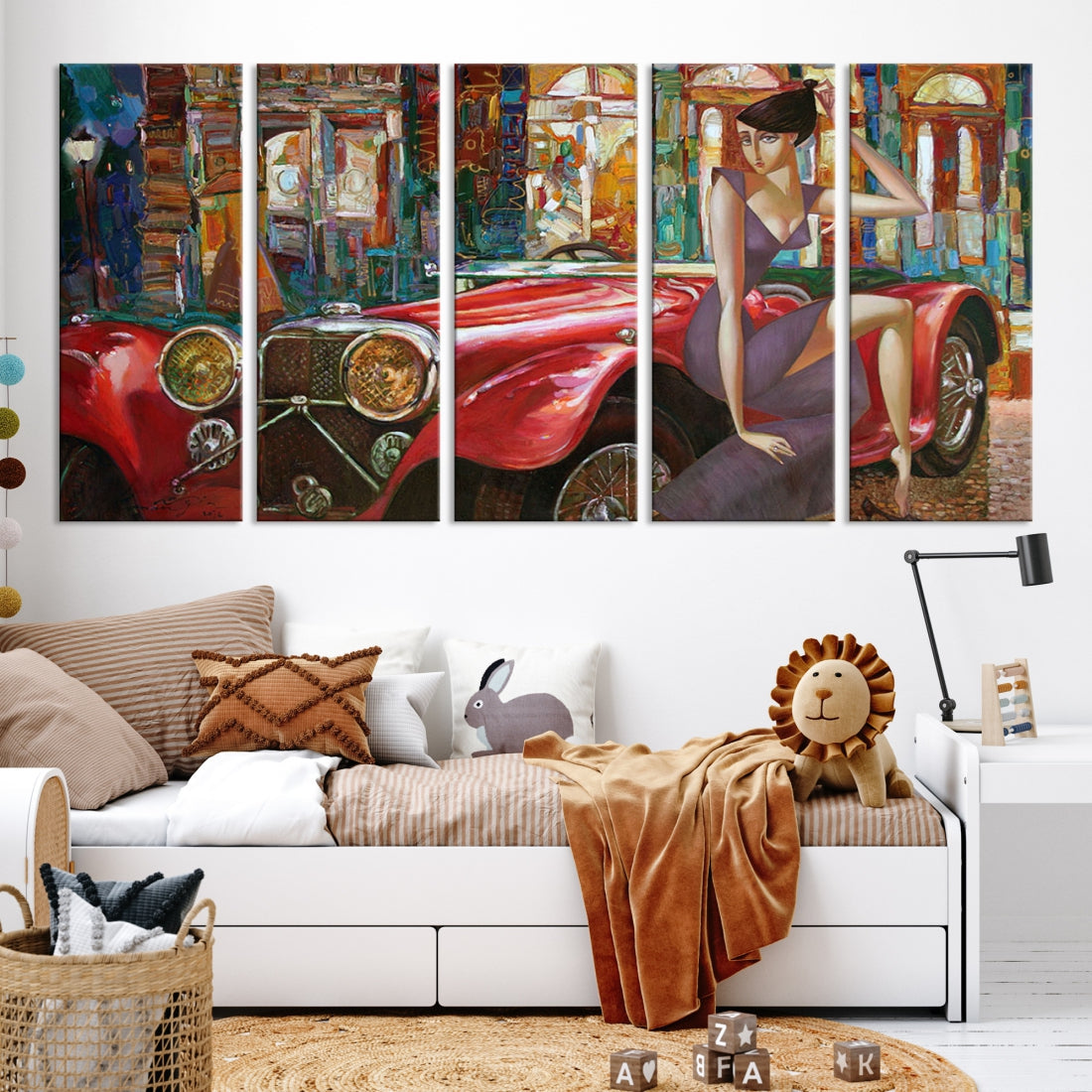 Lady With a Red Old Antique Car Jalopy Wall Art Canvas Print