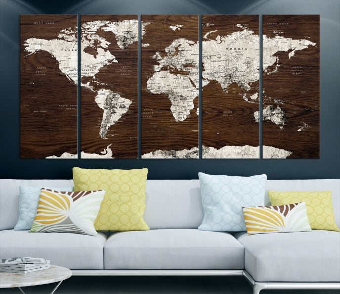 White Coloured World Map on Brown Background Large Canvas Print Wall Art