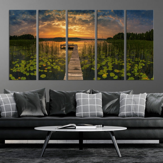 Flowers and Sunset at Lake Wall Art Natural Landscape Canvas Print