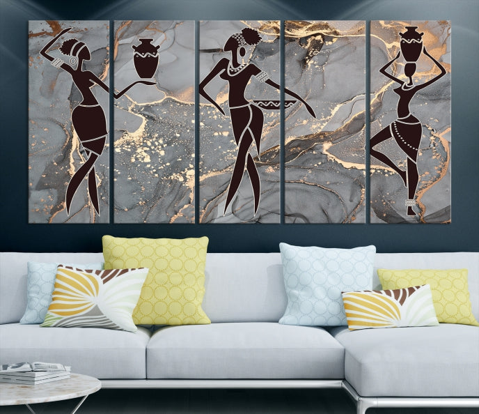 Gray Gold African Women Canvas Art Print Framed Ready to Hang