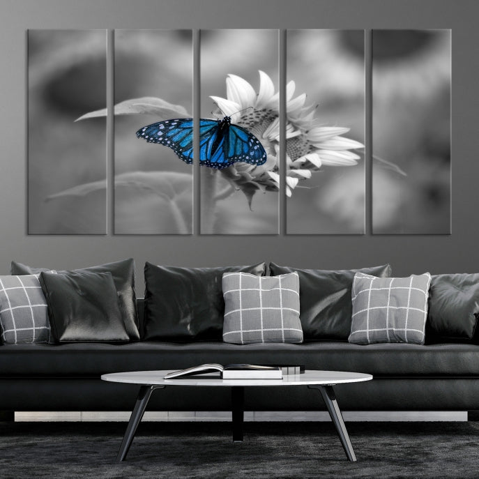 Pretty Blue Butterfly Black and White Canvas Wall Art Print Framed Ready to Hang