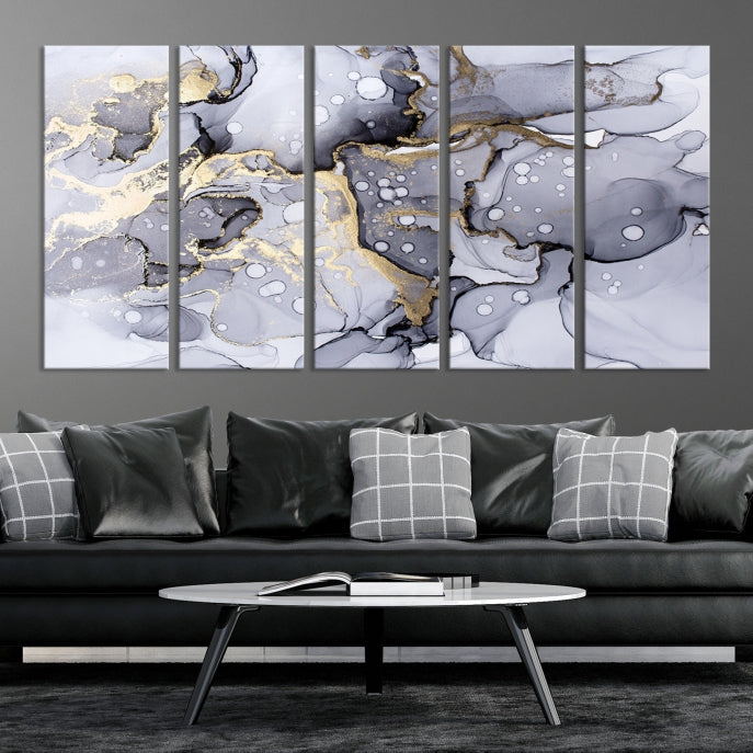 Gray Gold Abstract Painting on Giclee Canvas Wall Art Print Framed