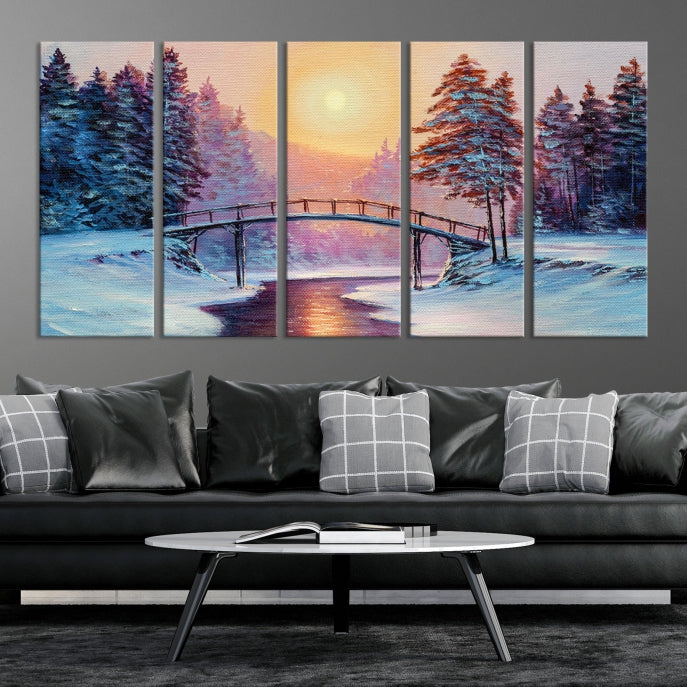 Beautiful Winter Landscape Painting Snowy Bridge Giclee Canvas Extra Large Wall Art Print