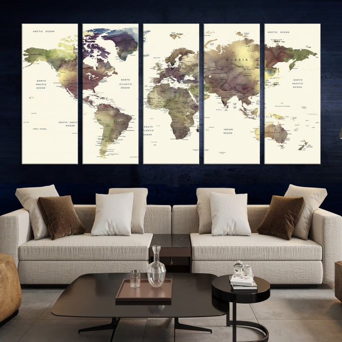 Vivid Colors Detailed World Map Wall Art Push Pin Travel Map Canvas Print