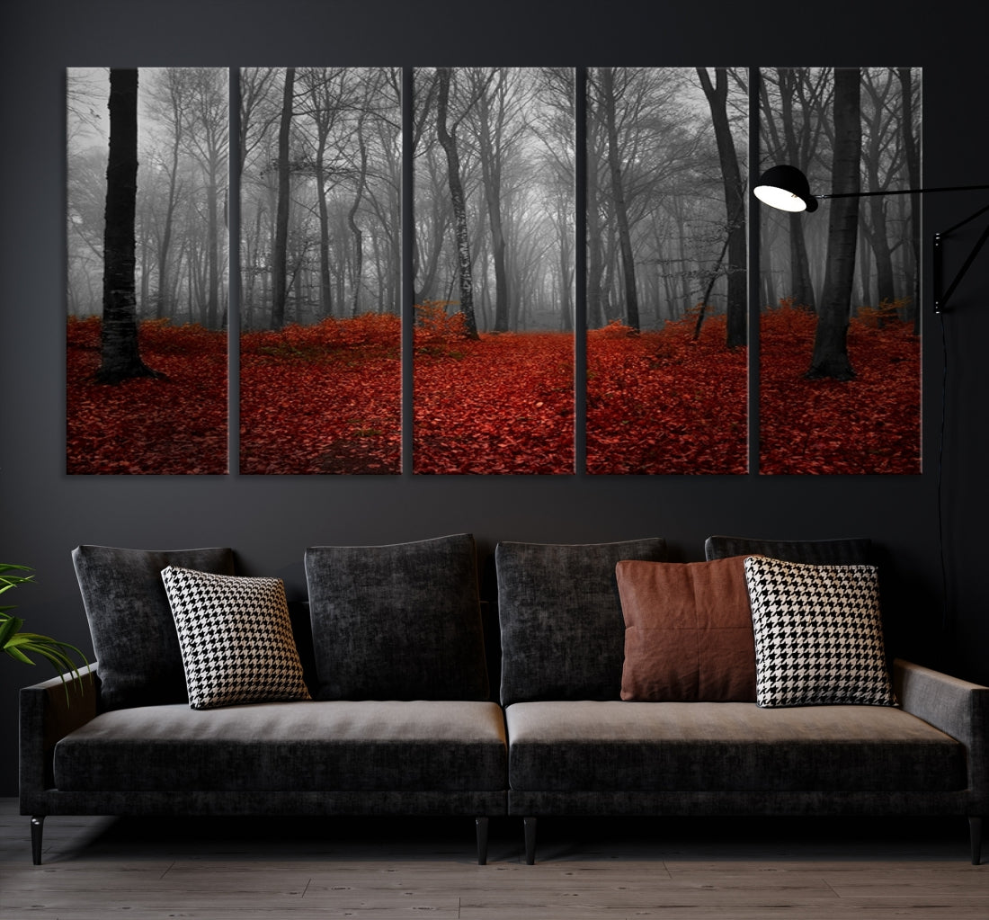 Foggy Forest with Red Leaves Autumn Landscape Giclee Canvas Extra Large Wall Art Print