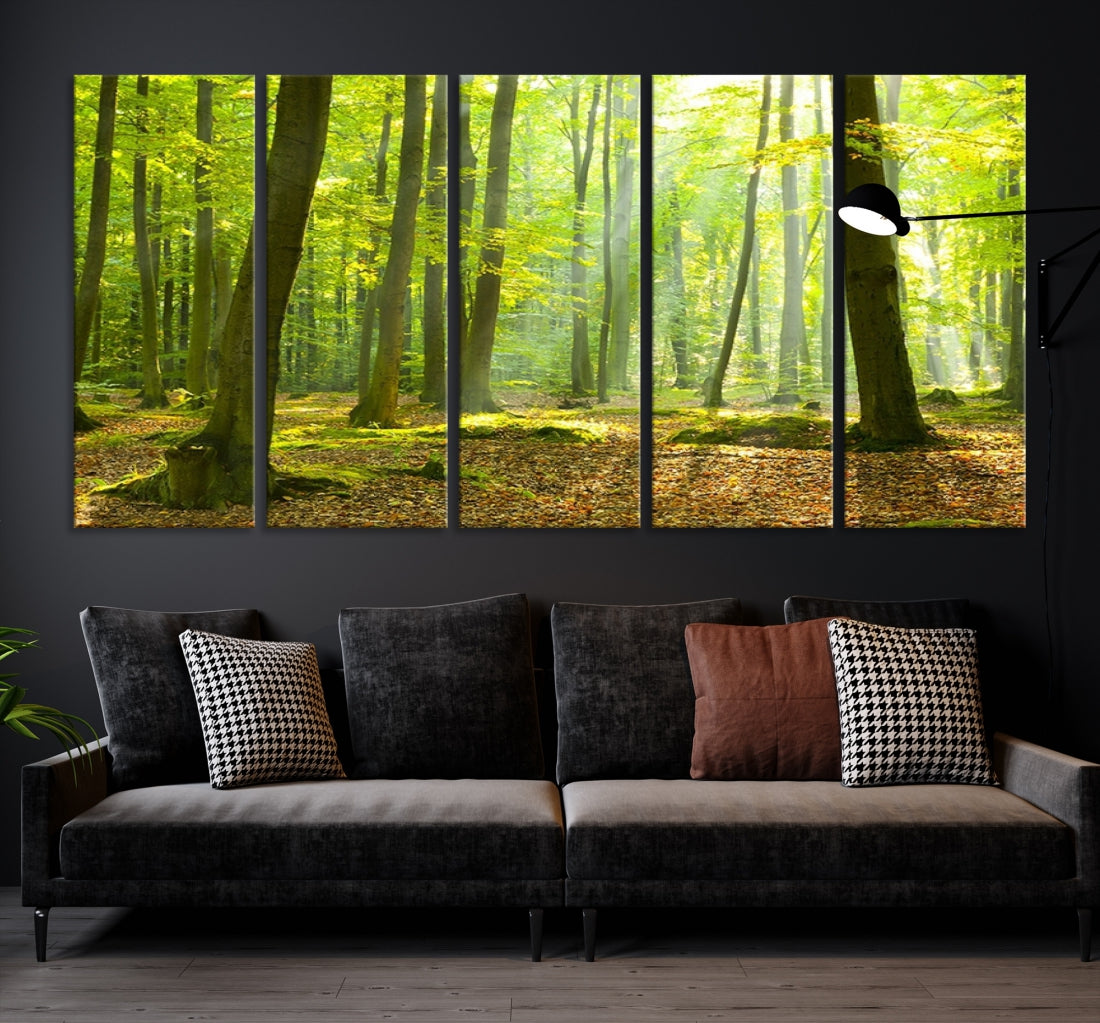 Sunshine in Green Forest Large Tree Wall Art Landscape Canvas Print