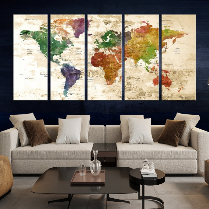 Push Pin World Map Canvas Print with Brownish Background Extra Large Framed Map Poster