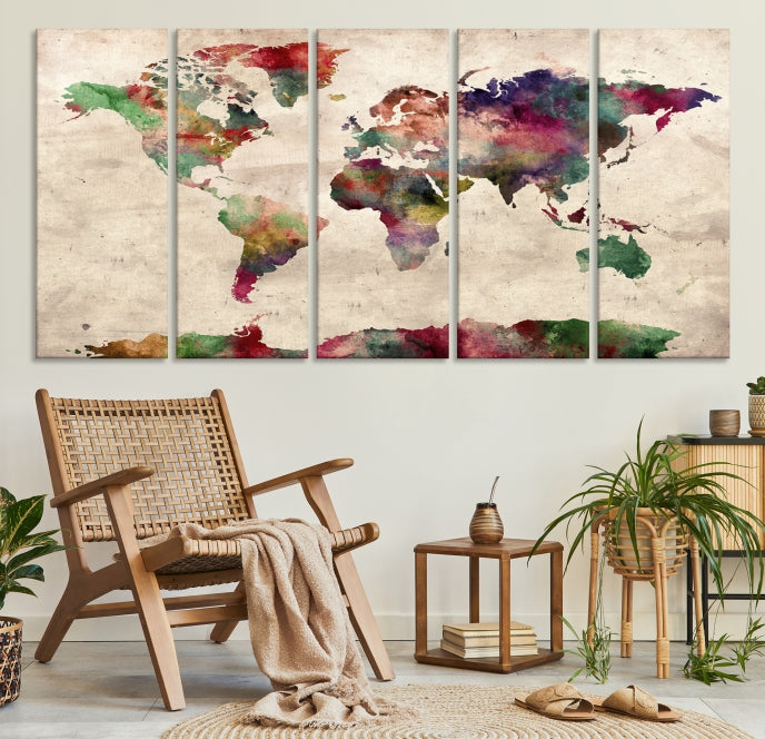 Colorful Watercolor World Map Framed Canvas Wall Art Giclee Print