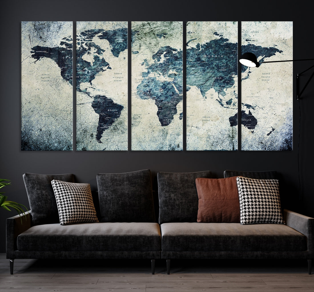 Extra Large World Map Wall Art Watercolor Painting on Canvas Print Grunge Vintage Decor