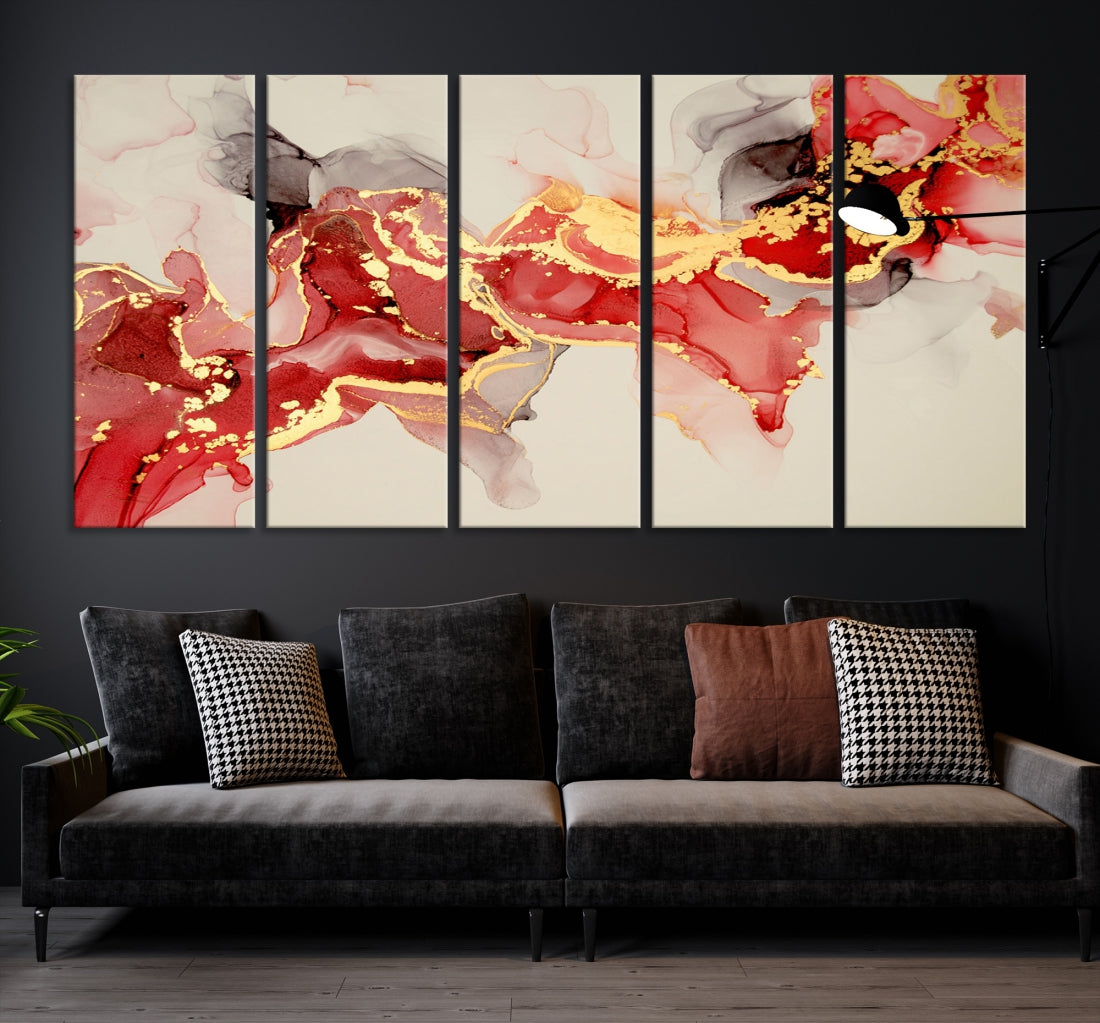 Contemporary Red Gold Abstract Painting on Canvas Print Framed Wall Decor