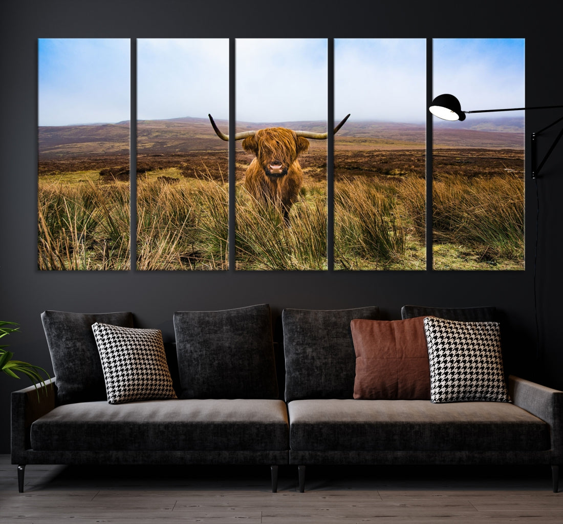 Highland Cow with Beautiful Landscape Canvas Wall Art Print Large Animal Art Print Farmhouse Ranch Farm Decor Cute Animals Cow Print Framed Ready to Hang Original Canvas Artwork