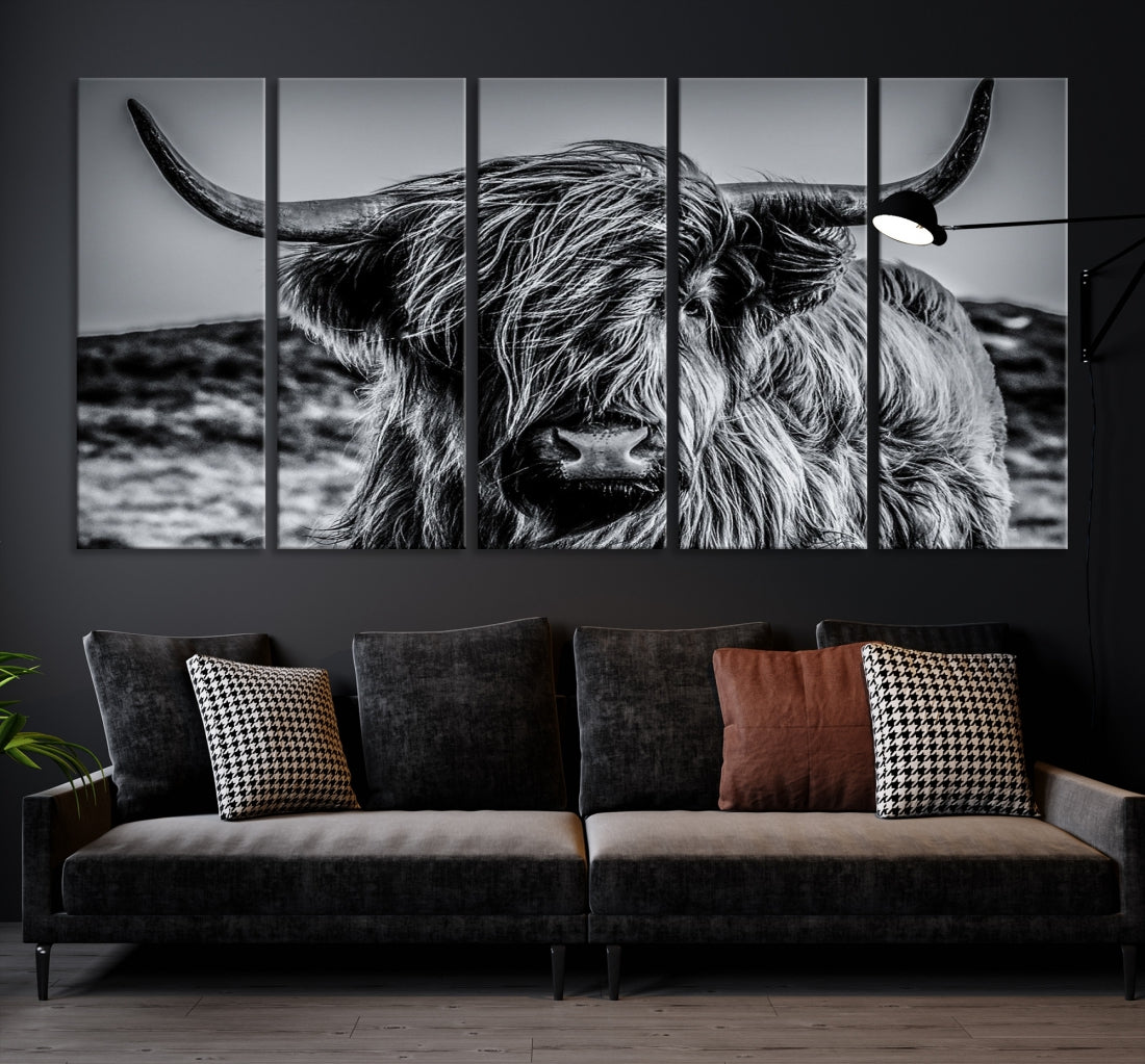 Black and White Extra Large Cow Wall Art Scottish Cattle Animal Canvas Print